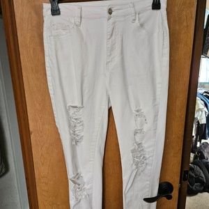 Distressed Raw Hem White Skinny Jeans
